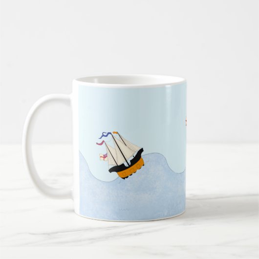 Drie schepen varen op het Rolling Zee Nautical Koffiemok (Links)