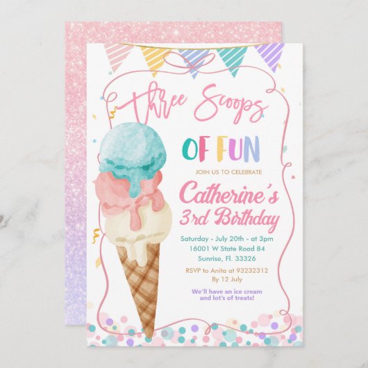Drie schepjes van leuke 3e verjaardag ijsfeest kaart (Voorkant / Achterkant)