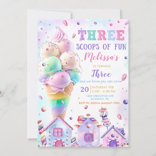 Drie Scoops of Fun Ice Cream Birthday Uitnodiging (Voorkant)