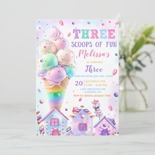Drie Scoops of Fun Ice Cream Birthday Uitnodiging (Staand voorkant)