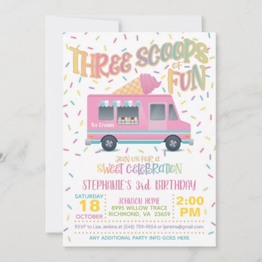 Drie Scoops of Fun Ice Cream Birthday Uitnodiging (Voorkant)