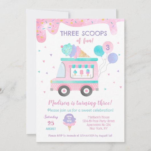Drie Scoops van leuke Ice Cream Birthday-uitnodigi Save The Date (Voorkant)