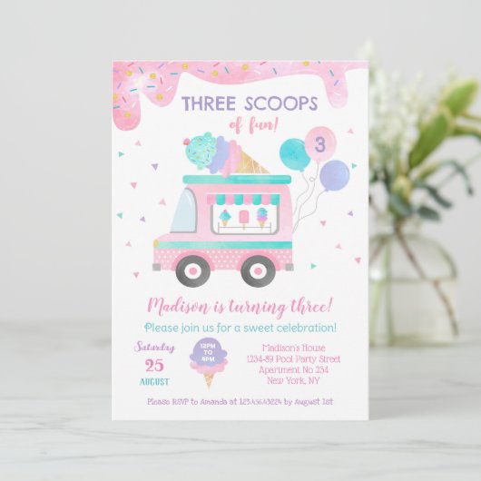 Drie Scoops van leuke Ice Cream Birthday-uitnodigi Save The Date (Staand voorkant)