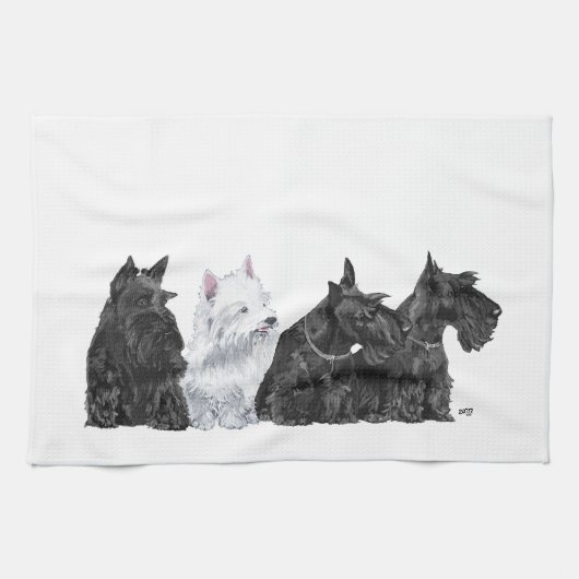 Drie Scotties en een Westie Theedoek (Horizontaal)