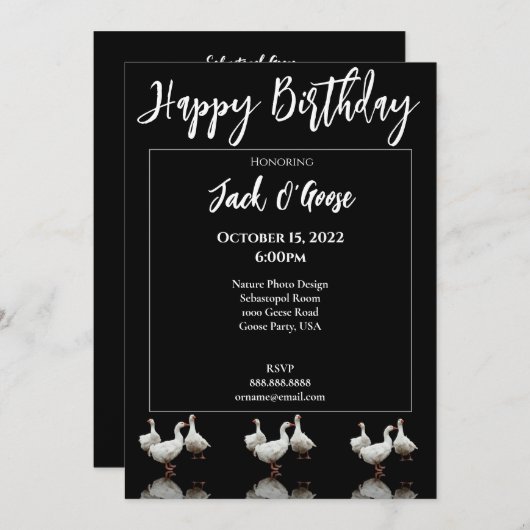 DRIE SEBASTOPOL GEESE ZWARTE BIRTHDAY-INVITATIE KAART (Voorkant / Achterkant)