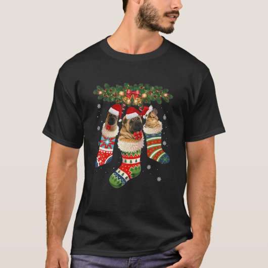 Drie Shar Pei in Sock-kerstkerstSanta X-Mas-hond T-shirt (Voorkant)