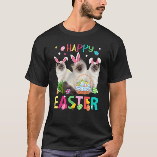 Drie Siamese katten met Bunny Ears Happy E T-shirt (Voorkant)