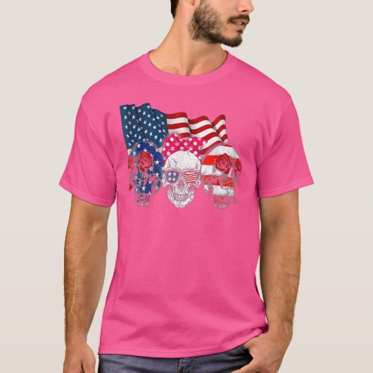 Drie Skulls Happy Independence Day 4e juli am T-shirt (Voorkant)