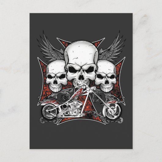 Drie Skulls met Red Chopper Motorcycle Uitnodiging Briefkaart (Voorkant)