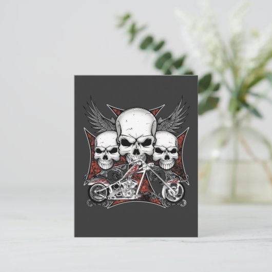 Drie Skulls met Red Chopper Motorcycle Uitnodiging Briefkaart (Staand voorkant)