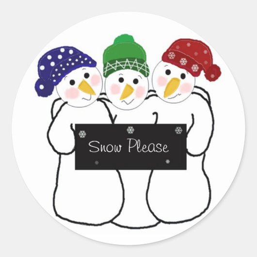 Drie sneeuwmannen met een winterbord ronde sticker (Voorkant)