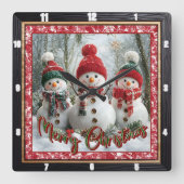 Drie Sneeuwmannen Prettig Kerstfeest Vierkante Klok (Voorkant)