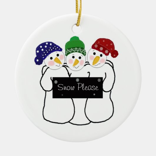 Drie Snowmen met Sneeuwbord Keramisch Ornament (Voorkant)