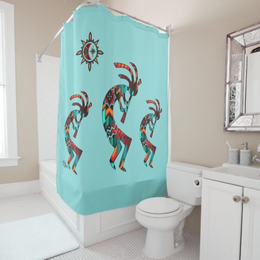 Drie Southwest Kokopelli douchegordijn (In situ)