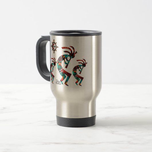 Drie Southwest Kokopelli Travel Mug Reisbeker (Voorkant links)