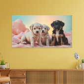 Drie speelse puppies rusten op een zacht dekentje canvas afdruk (Insitu (Woonkamer))