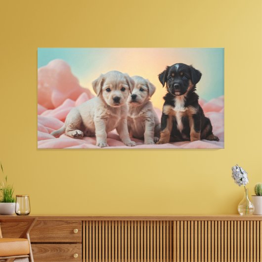 Drie speelse puppies rusten op een zacht dekentje canvas afdruk (Insitu (Woonkamer))