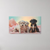 Drie speelse puppies rusten op een zacht dekentje canvas afdruk (Voorkant)