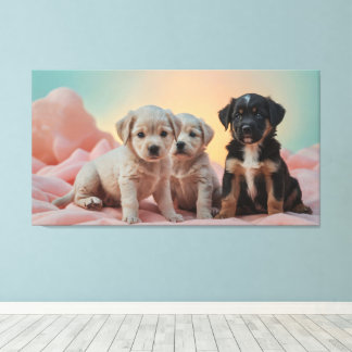 Drie speelse puppies rusten op een zacht dekentje canvas afdruk