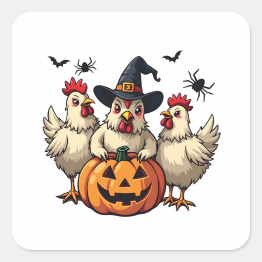 Drie Spooky Halloween Chickens Boer Herfst Witch Vierkante Sticker (Voorkant)