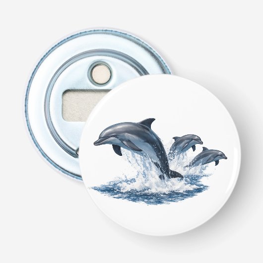 Drie springende dolfijnen, ontwerp voor oceaanleve button flesopener (Voorkant)