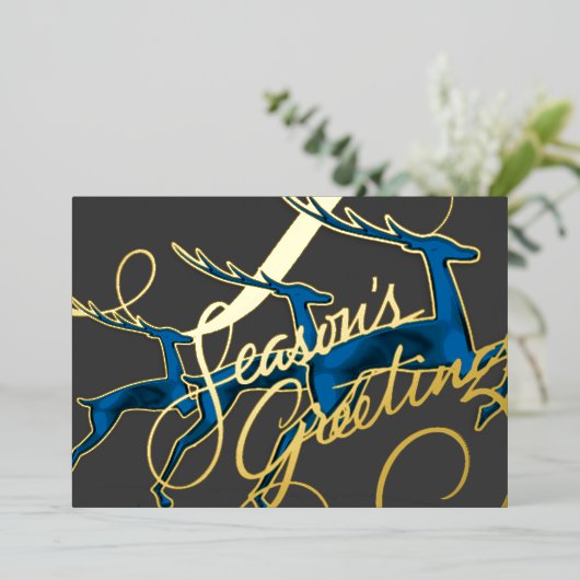 Drie springende herten grijs blauw folie feestdagenkaart (Staand Voorkant)