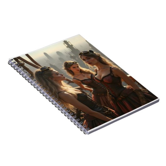 Drie Steampunk-vrouwen staan bovenop een Victoriaa Notitieboek (Rechterzijde)