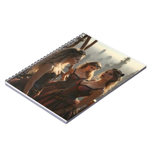 Drie Steampunk-vrouwen staan bovenop een Victoriaa Notitieboek (Linkerzijde)