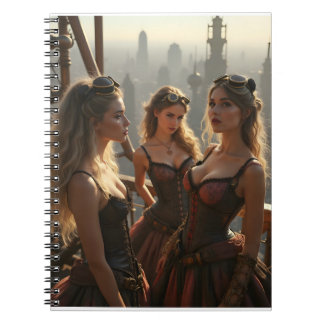 Drie Steampunk-vrouwen staan bovenop een Victoriaa Notitieboek