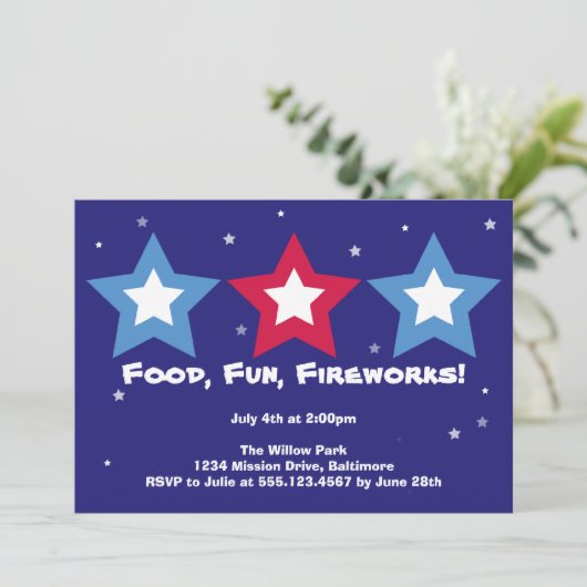 Drie sterren eten een vuurwerk op 4 juli kaart (Staand voorkant)