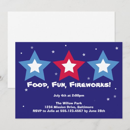 Drie sterren eten een vuurwerk op 4 juli kaart (Voorkant / Achterkant)