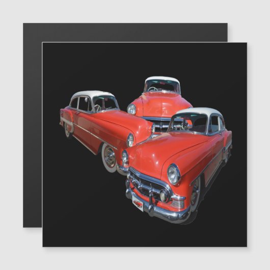 Drie stijlvolle rode en witte vintage auto's,  (Voorkant / Achterkant)