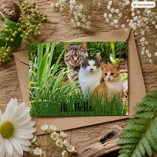 Drie Tabby Cats in Garden "Hi Hallo" Briefkaart