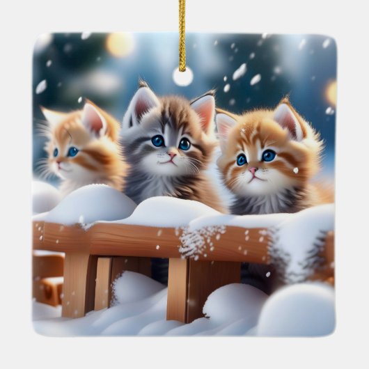 Drie Tabby katten spelen in de sneeuw Keramisch Ornament (Achterkant)