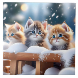 Drie Tabby Katten Spelen in de Sneeuw Portret Pose Tegeltje