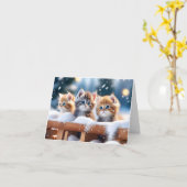 Drie Tabby Katten Spelen in Sneeuw Blank Kerstmis Kaart (Gele Bloem)