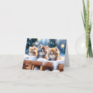 Drie Tabby Katten Spelen in Sneeuw Blank Kerstmis Kaart