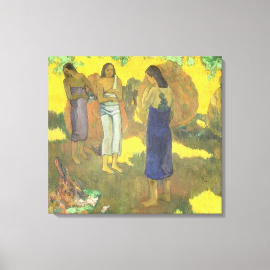 Drie Tahitiaanse vrouwen tegen een geel Canvas Afdruk (Voorkant)