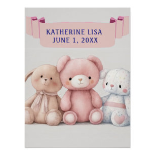 DRIE TEDDIES MET KINDER NAAM Verjaardag Perfect Poster