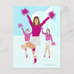 Drie tienercheerleaders houden poompoms 2 briefkaart