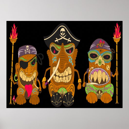 Drie Tiki Piraten, Grappige Zwarte Poster (Voorkant)