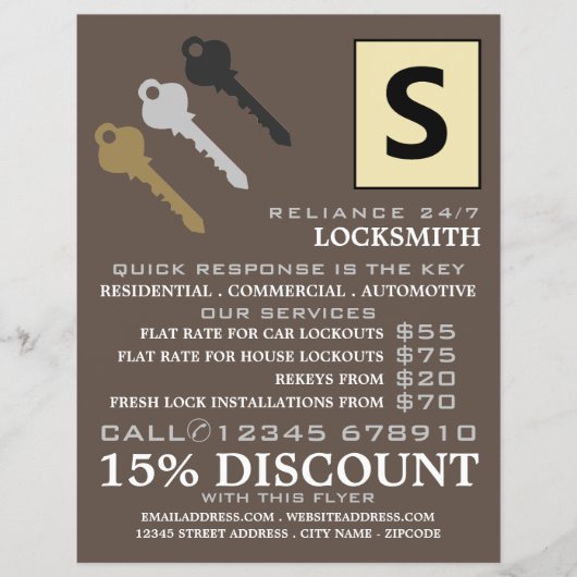 Drie toetsen en Logo, Locksmith Adverteren Flyer (Voorkant)