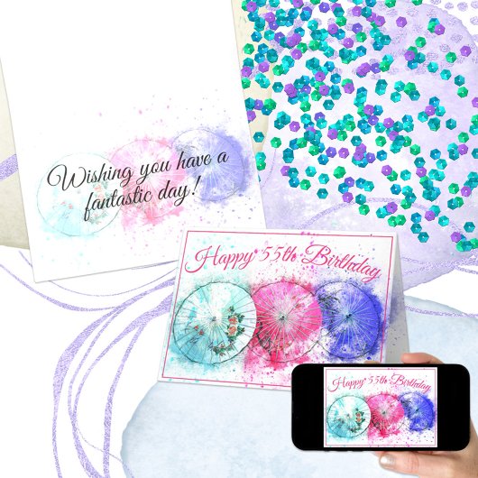 Drie tropische paraplu's 55e verjaardag kaart