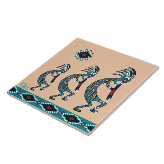 Drie Turquoise Kokopelli-keramische tegel Tegeltje (Zijkant)