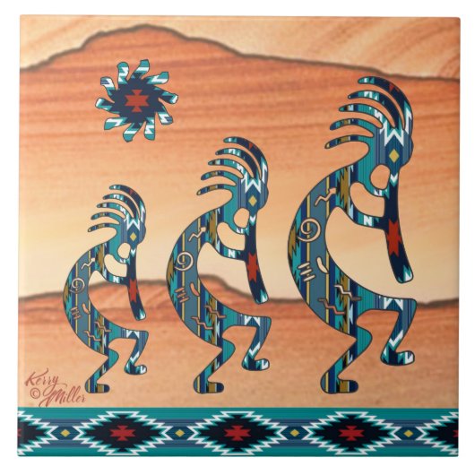 Drie Turquoise Kokopelli-keramische tegel Tegeltje (Voorkant)
