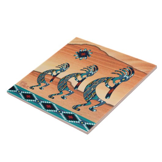 Drie Turquoise Kokopelli-keramische tegel Tegeltje (Zijkant)