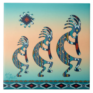 Drie Turquoise Kokopelli-keramische tegel Tegeltje