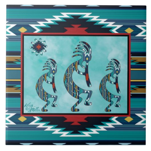 Drie Turquoise Kokopelli-keramische tegel Tegeltje (Voorkant)
