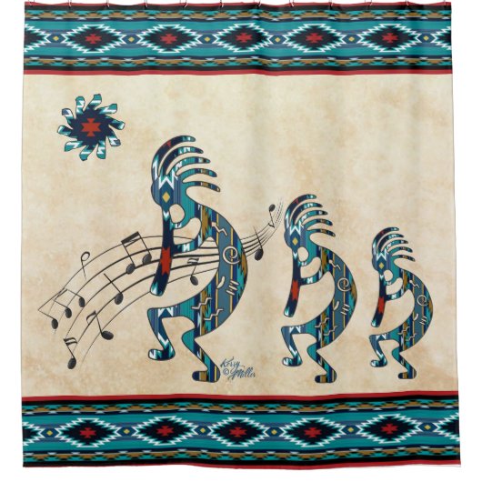 Drie Turquoise Kokopelli Shower Curtain Douchegordijn (Voorkant)
