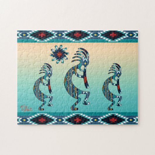 Drie Turquoise Southwest Kokopelli Jigzaag Puzzle Legpuzzel (Horizontaal)